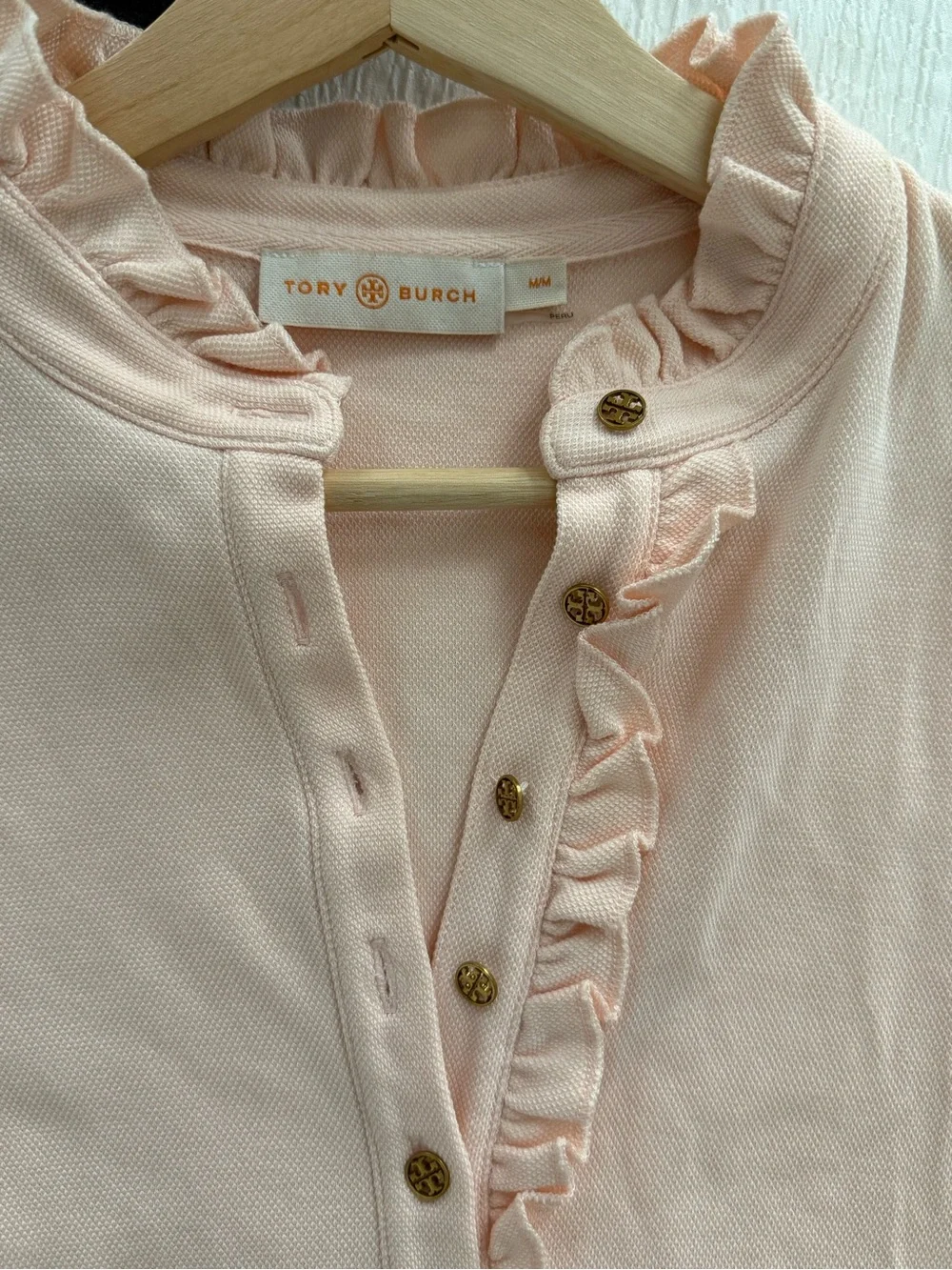 Tory Burch Soft Pink Ruffle-Trim Short Sleeve Top